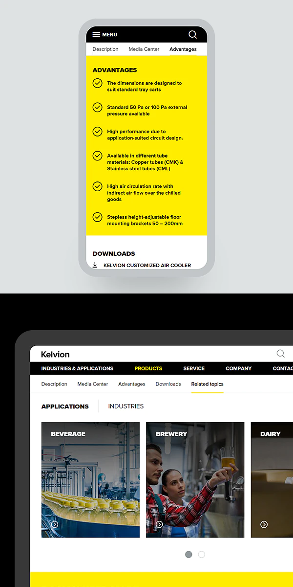 Smartphone und Tablet Screenshots der Kelvion Produktseiten.