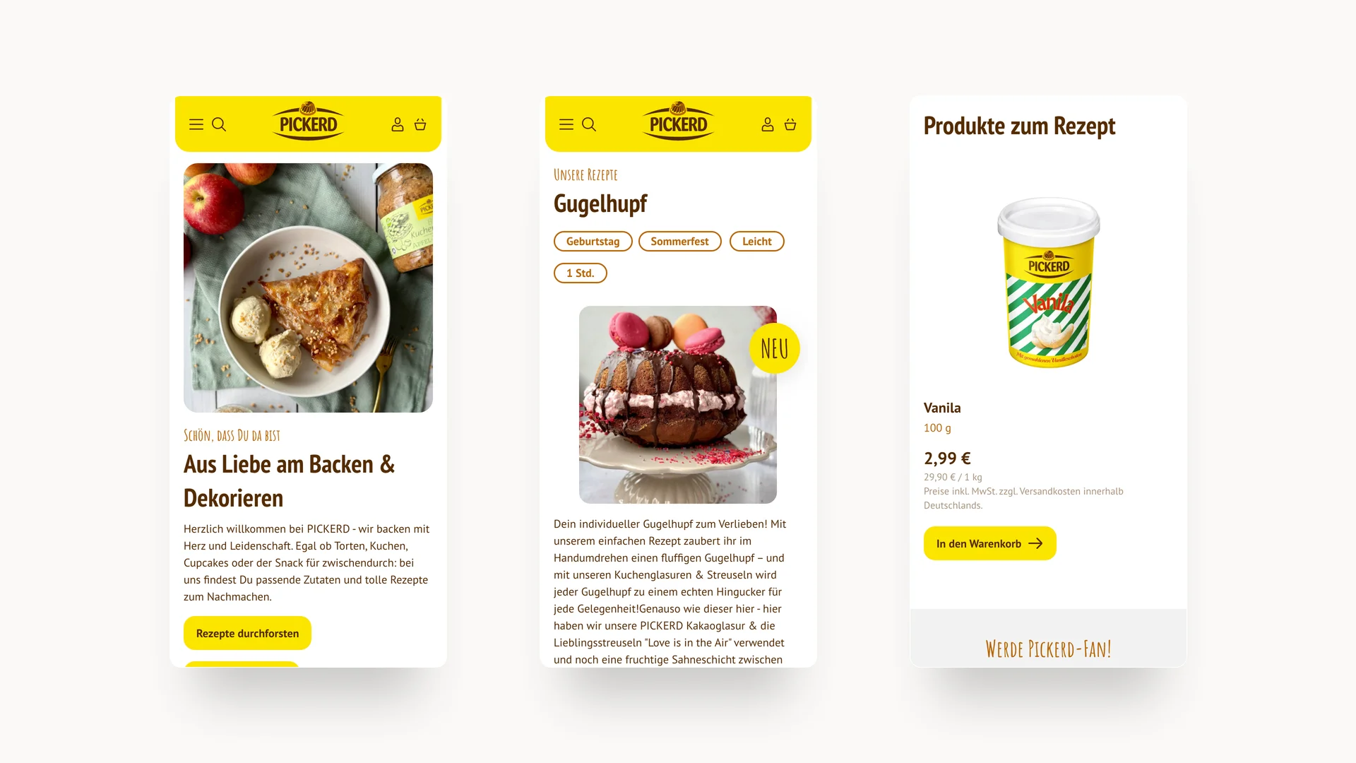 Drei Screenshots der Pickerd-Website zeigen Apfelstrudel mit Vanilleeis, Gugelhupf-Kuchen und Vanille Backzutat