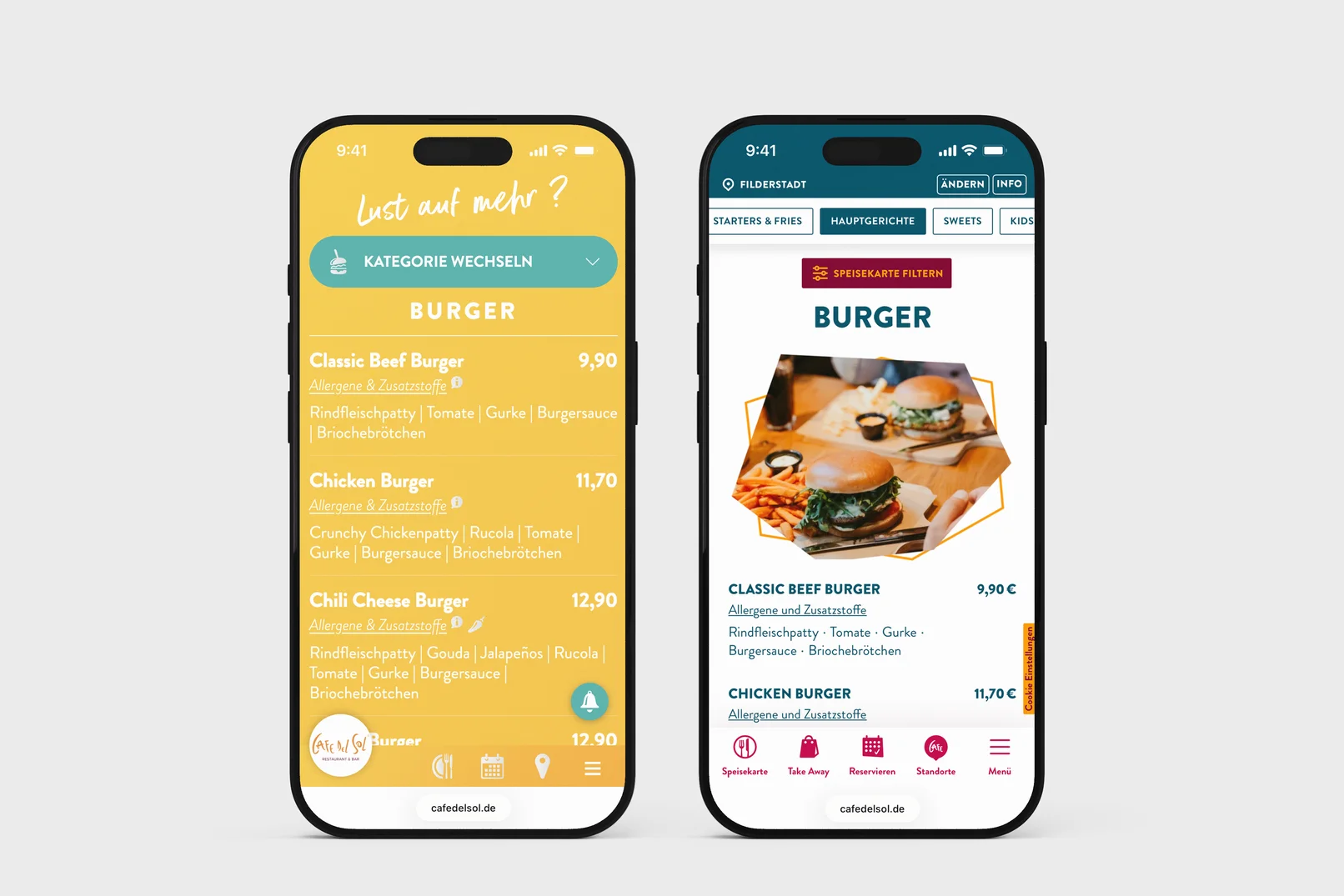 Vorher-Nachher-Vergleich der Cafe Del Sol Speisekarte mit Standortlogik auf Smartphones