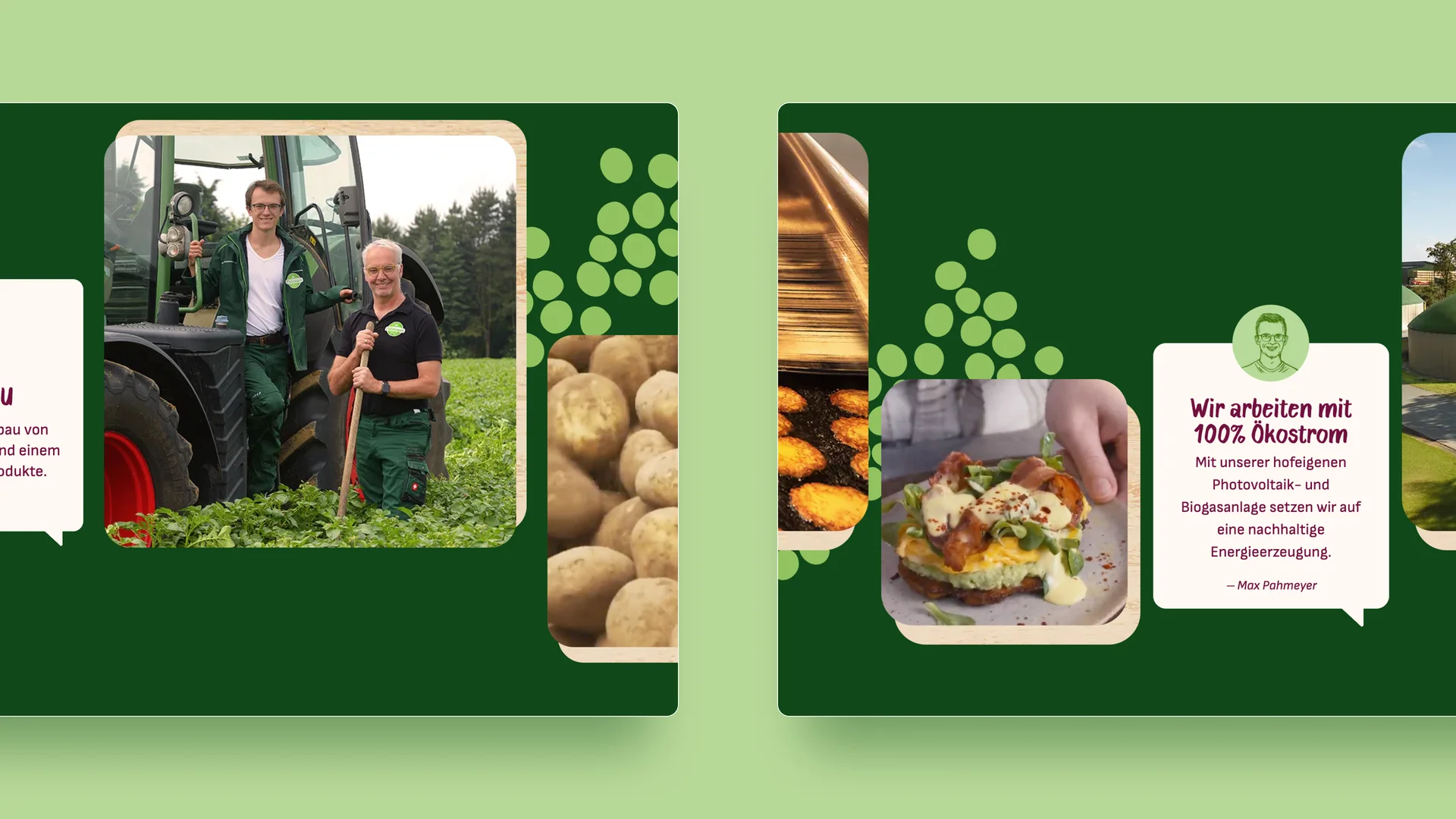 Screenshots der Pahmeyer-Website zeigen zwei lächelnde Männer vor einem Traktor links und Rezeptbild mit Reibekuchen rechts