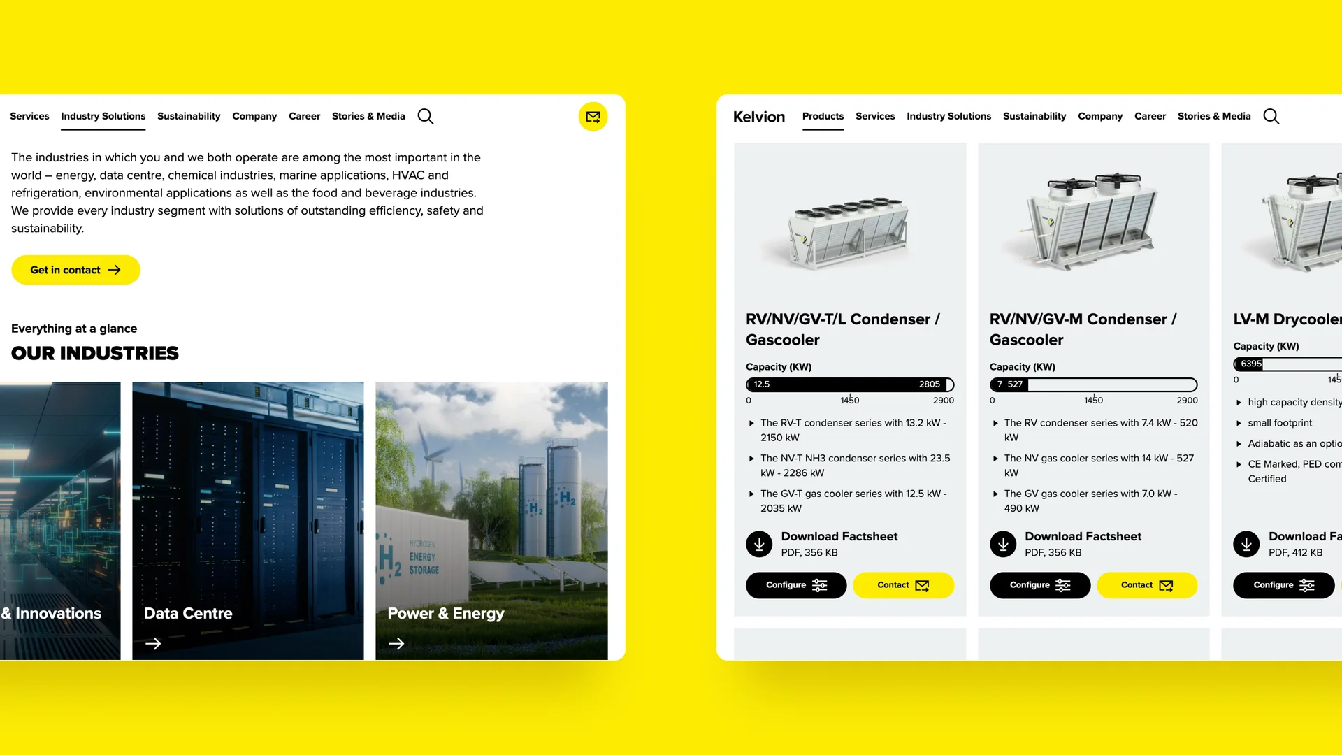 Zwei Screenshots der Kelvion Website zeigen Übersicht der Industrien und Produkte mit Produktinformationen