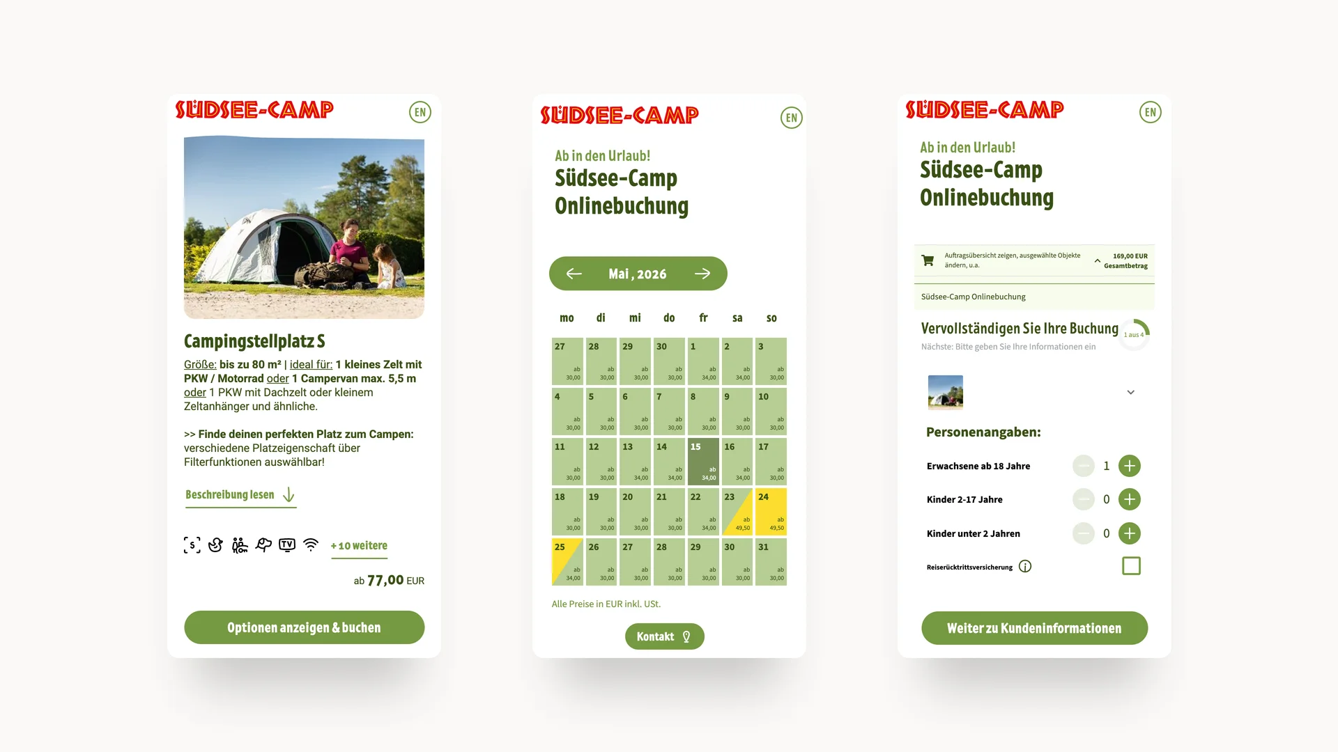 Screenshot der Südsee-Camp-Website mit Campingstellplatz und Buchungsmöglichkeiten