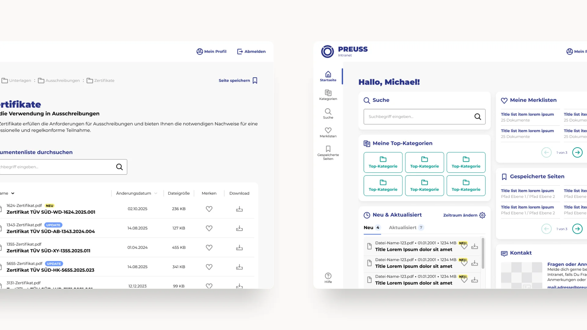 Zwei Screenshots des Intranets der PREUSS-Gruppe zeigen verfügbare Zertifikate zum Download und persönliche Startseite
