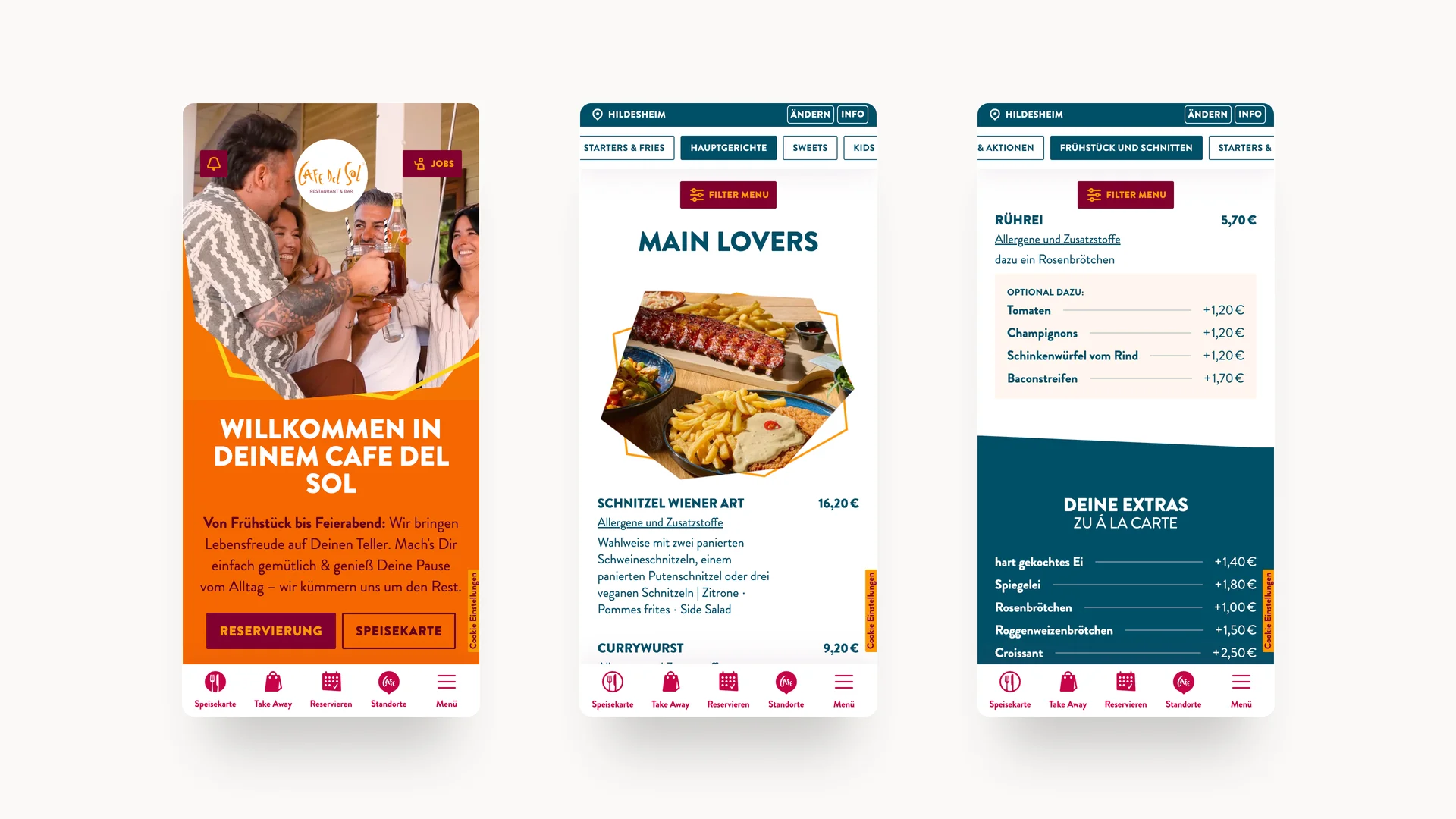Drei Screenshots der Cafe del Sol Website mit der Startseite, Hauptgerichten und Frühstücks-Bestellmöglichkeiten