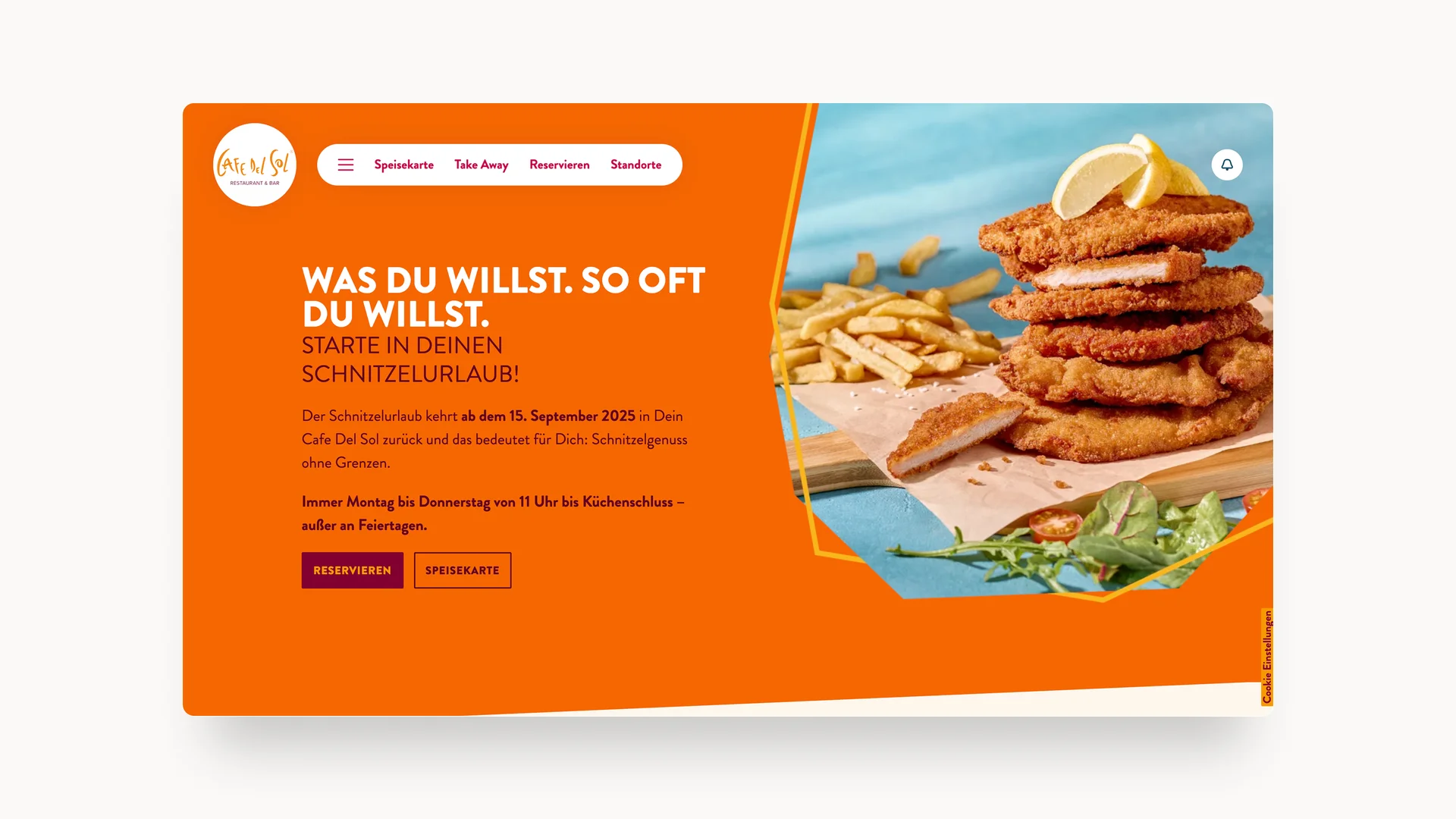 Screenshot der Cafe del Sol Website mit Infos zum Schnitzelurlaub und Abbildung von gestapelten Schnitzeln