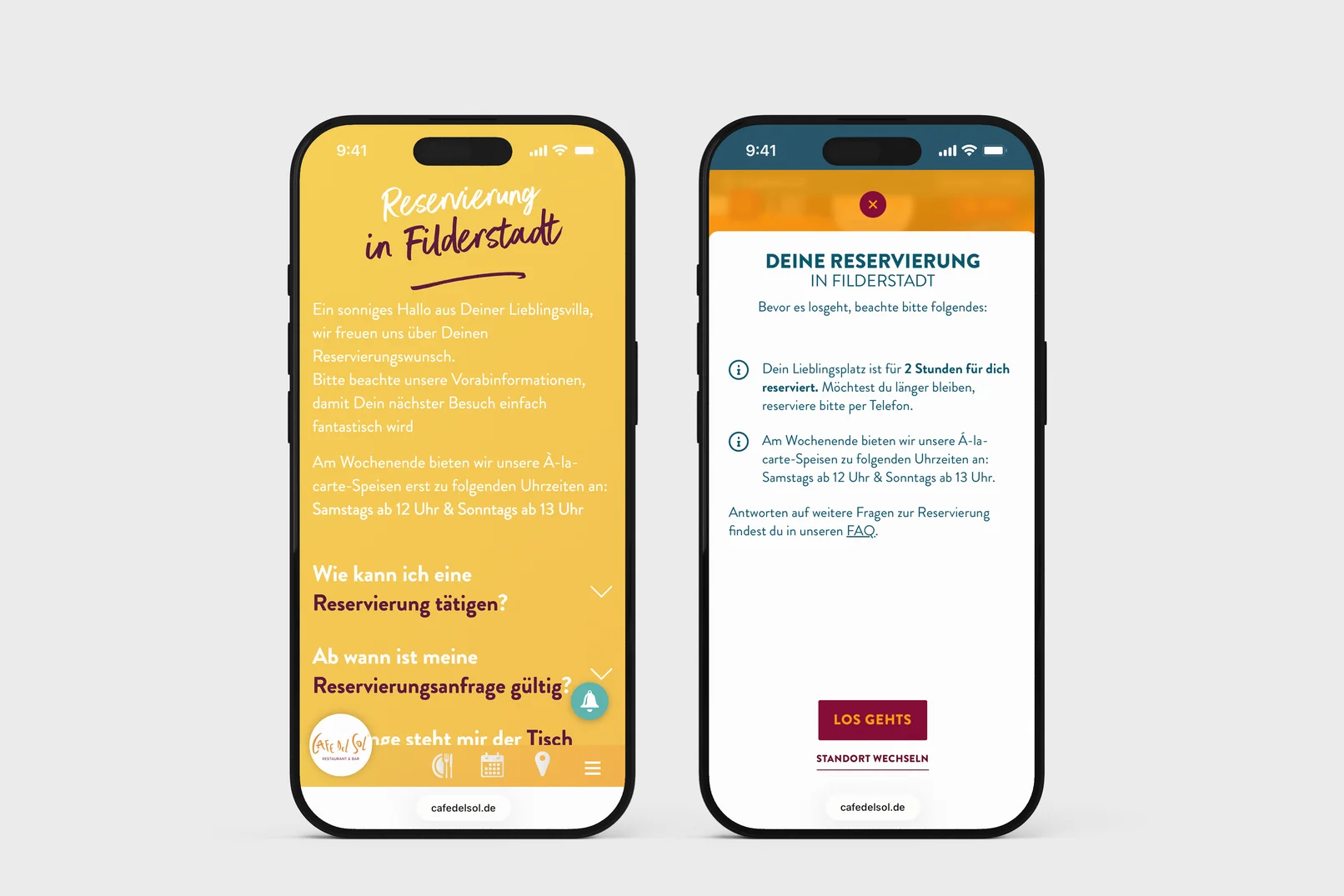 Vorher-Nachher-Vergleich des Cafe Del Sol Reservierungsprozesses auf Smartphones