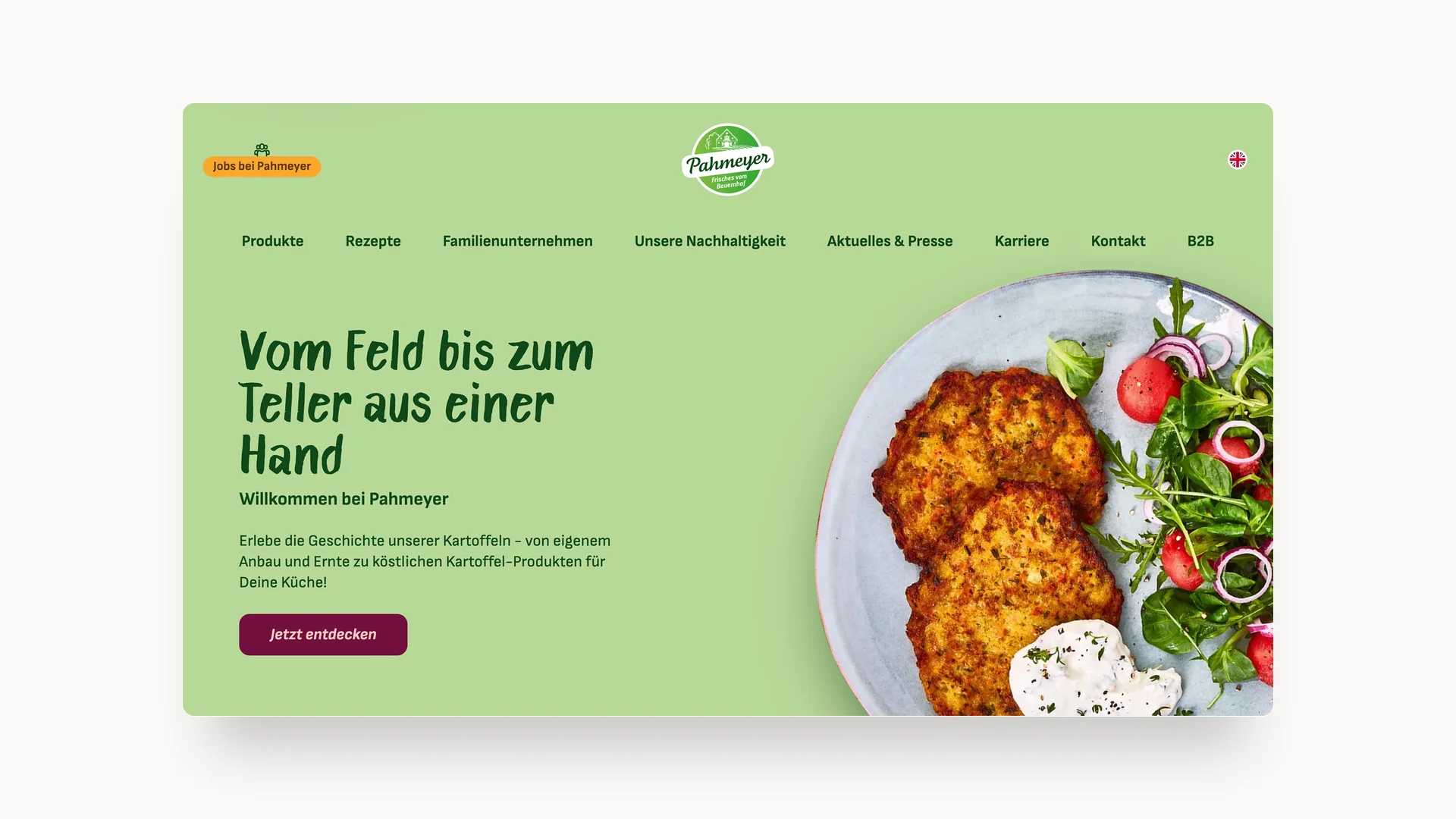 Screenshot der Startseite der Pahmeyer-Website zeigt Teller mit Kartoffelpuffer, Kräuterquark und Salat
