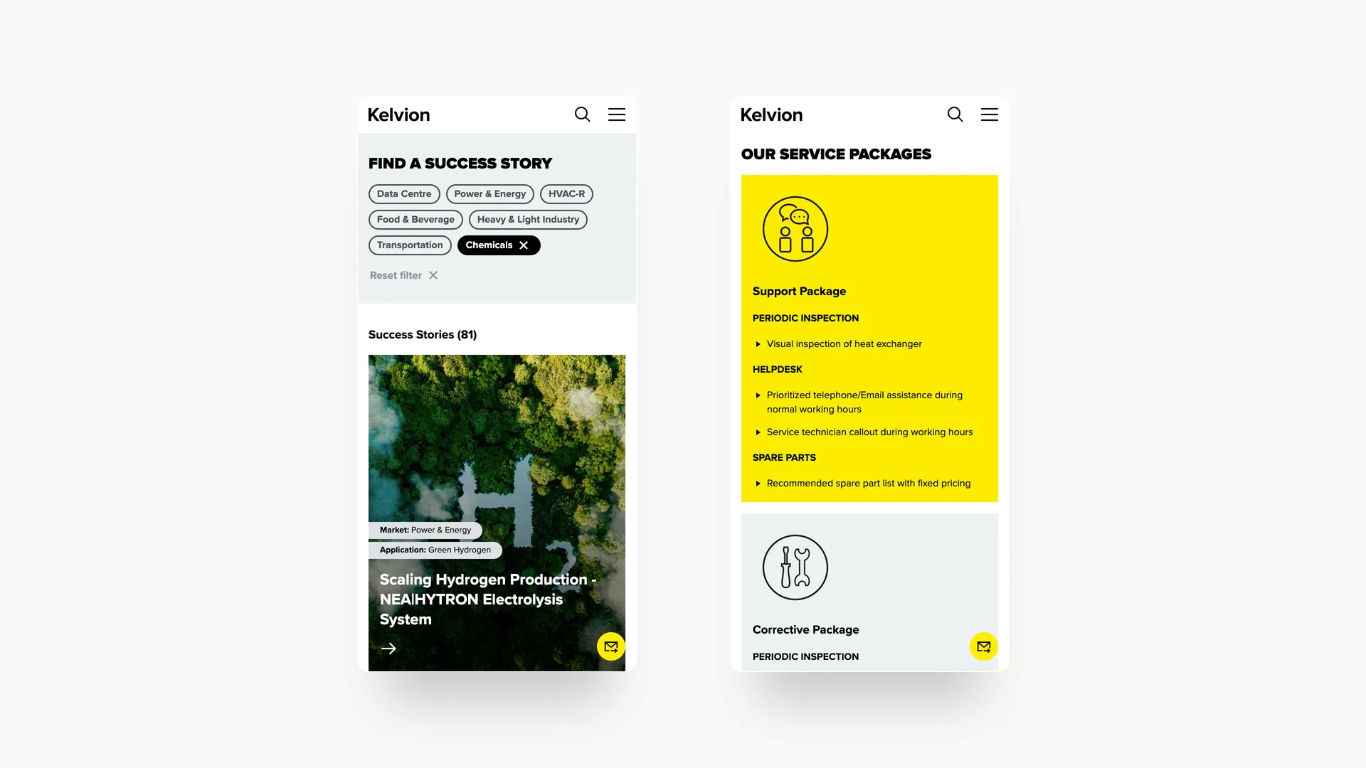 Zwei Screenshots der Kelvion Website zeigen die Filterung von Erfolgsgeschichten und eine Leistungsübersicht
