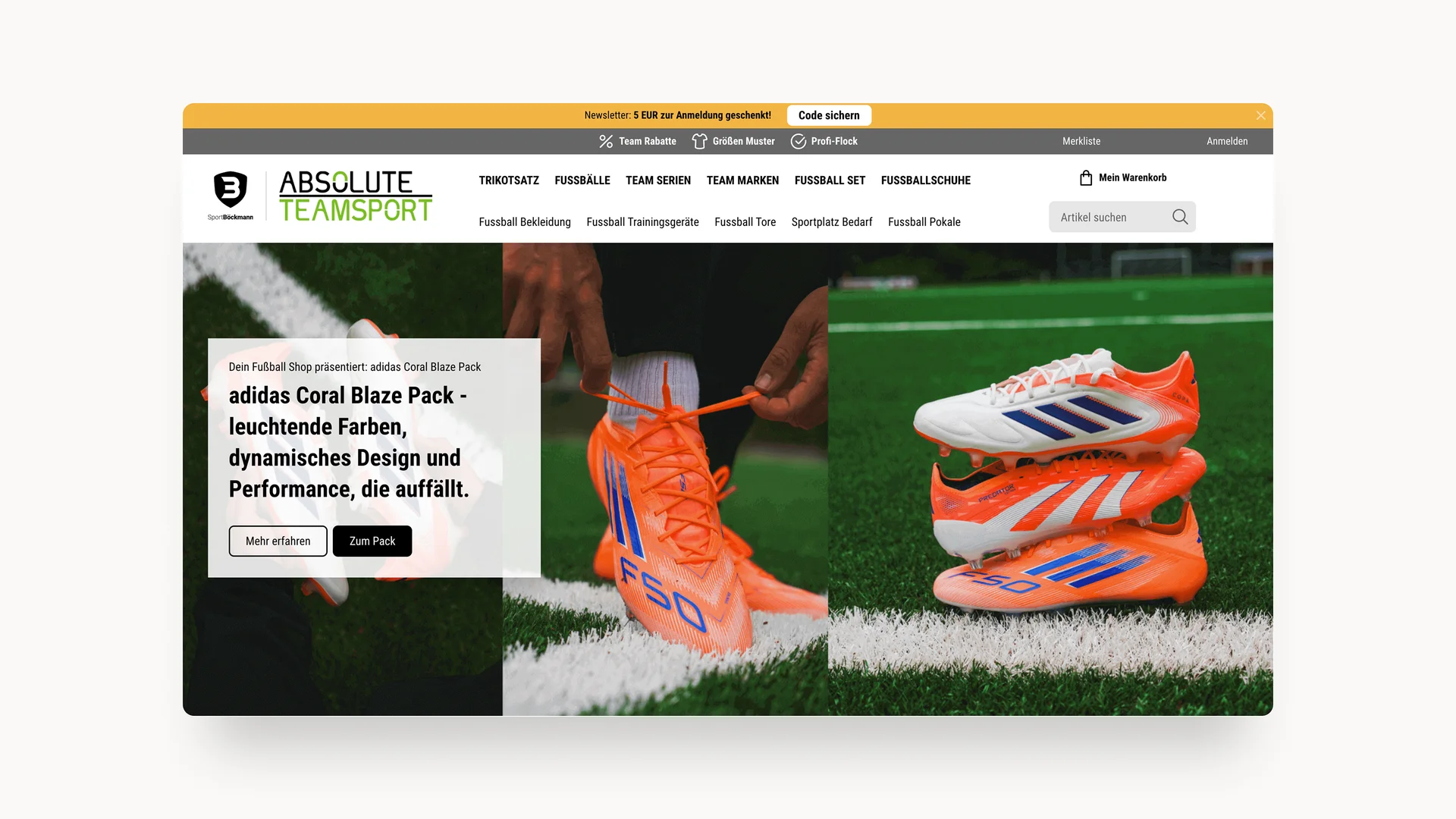 Screenshot der Sport Böckmann-Website mit Angebot von orangefarbenden adidas Fußball-Schuhen