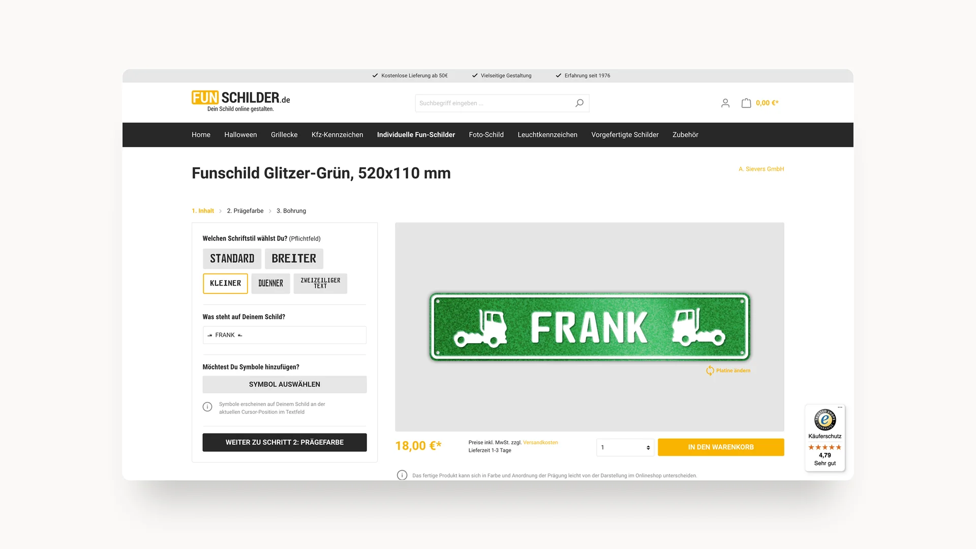 Screenshot des Funschilder.de Onlineshops mit Konfigurationsmaske für ein Funschild
