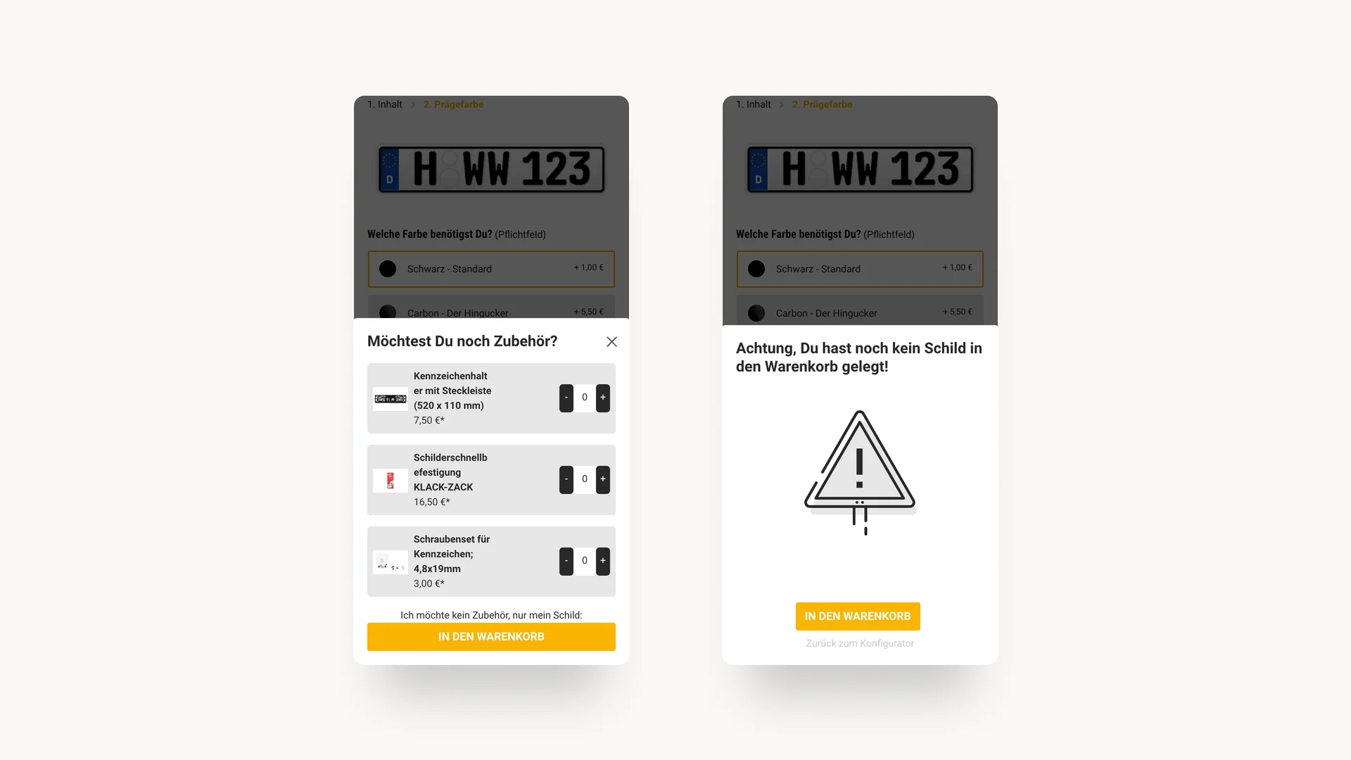 Zwei Screenshots des Funschilder.de Onlineshops mit einem gefühlten und einem leeren Warenkorb