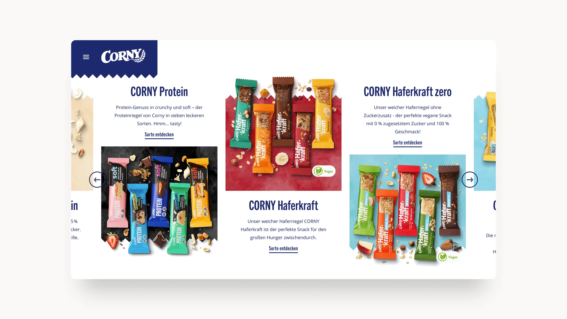 Screenshot der Corny Website zeigt Übersicht über drei verschiedene Müsliriegel Sorten mit jeweils fünf dazugehörigen Riegeln