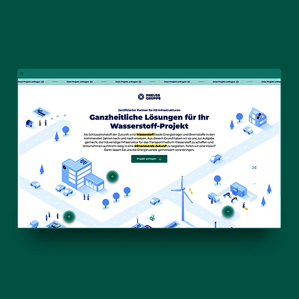 Desktop Screenshot der Wasserstoff-Landingpage für die PREUSS Gruppe.