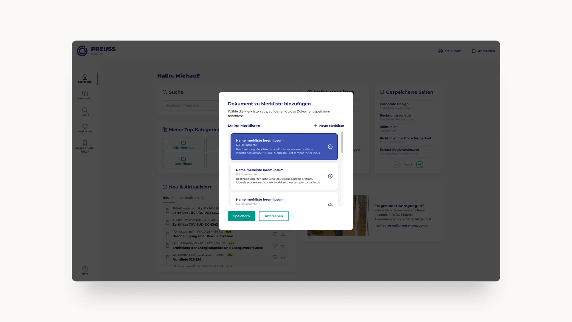 Screenshot des Intranets der PREUSS-Gruppe zeigt Speicherfunktion von Dokumenten in eigenen Merklisten