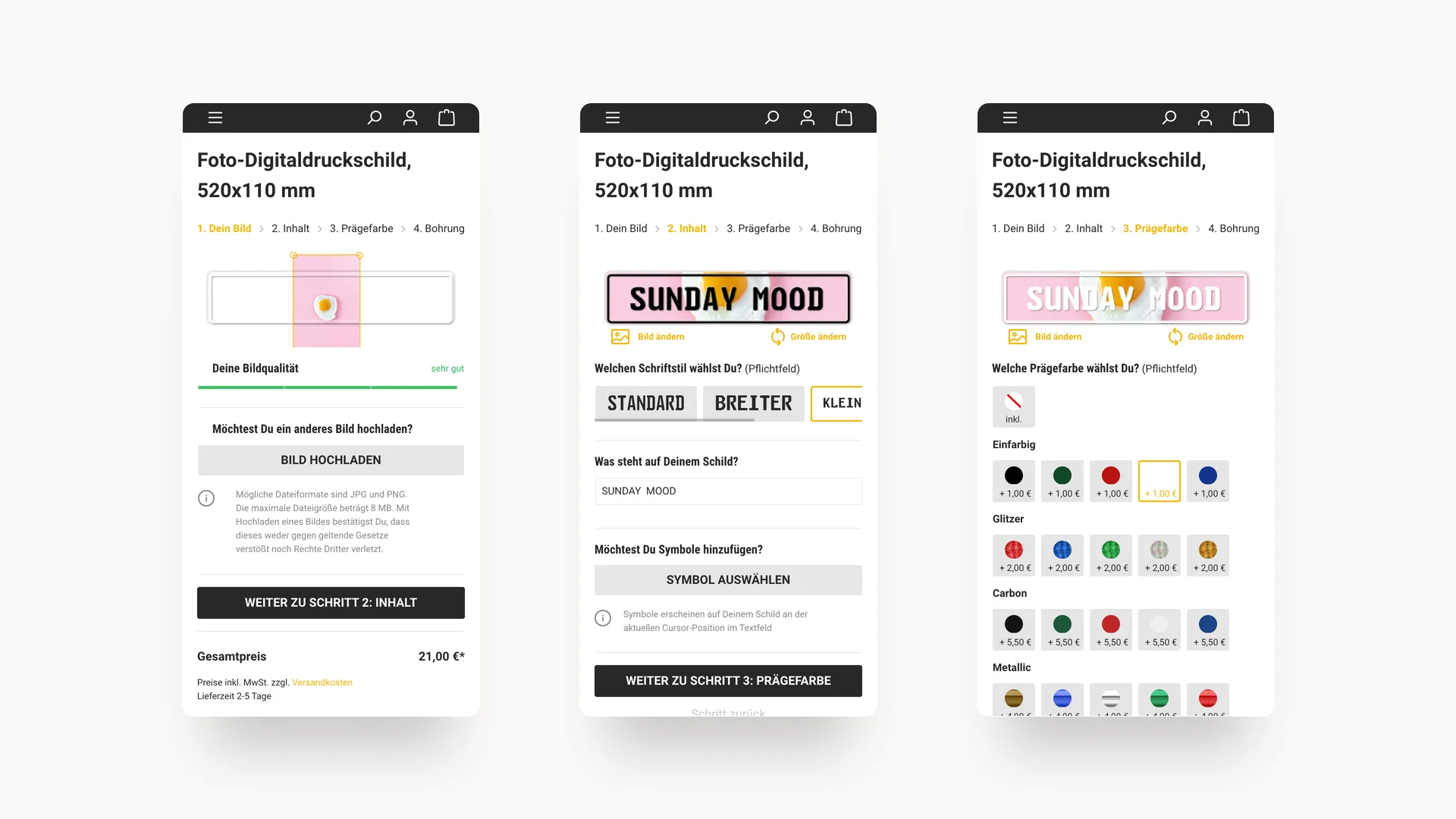 Drei Screenshots des Funschilder.de Onlineshops zeigen die Schritte des Konfigurators für Funschilder