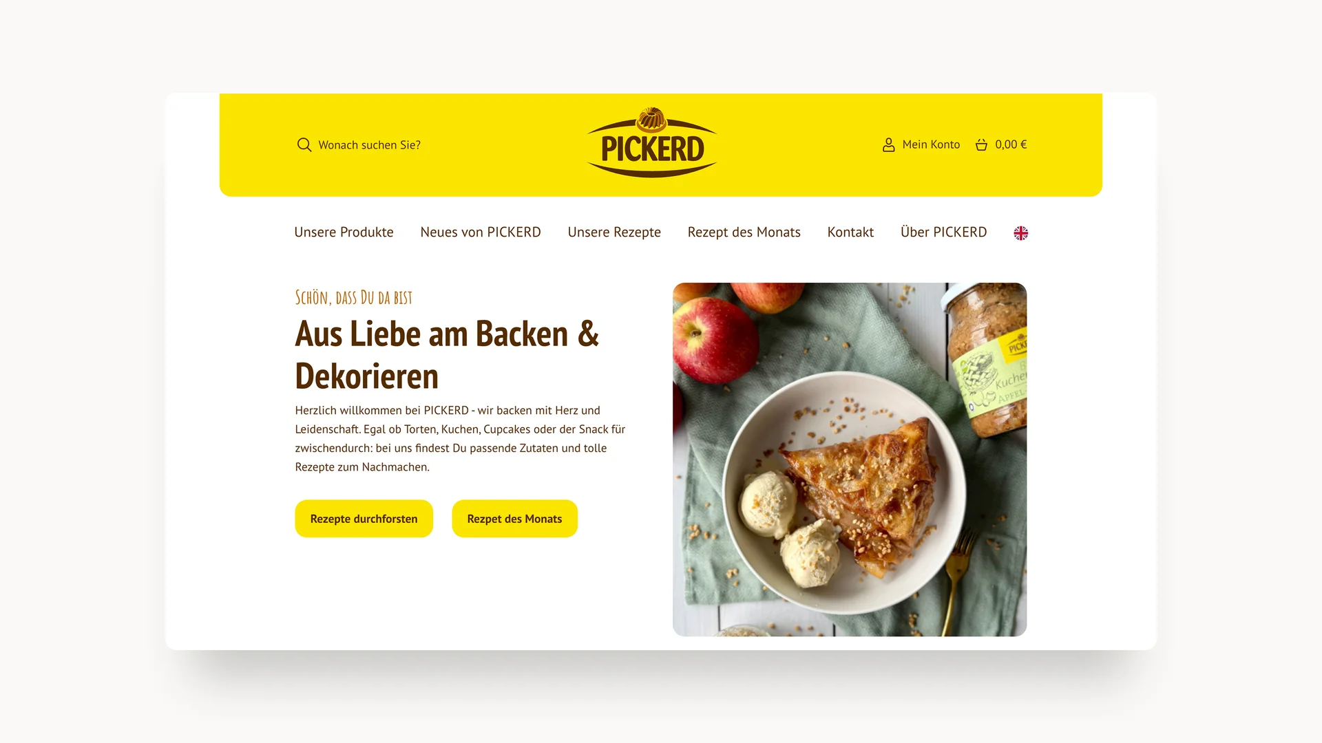 Screenshot der Pickerd-Website zeigt Startseite mit Bild eines Apfelstrudels und Vanilleeis in einer Schale