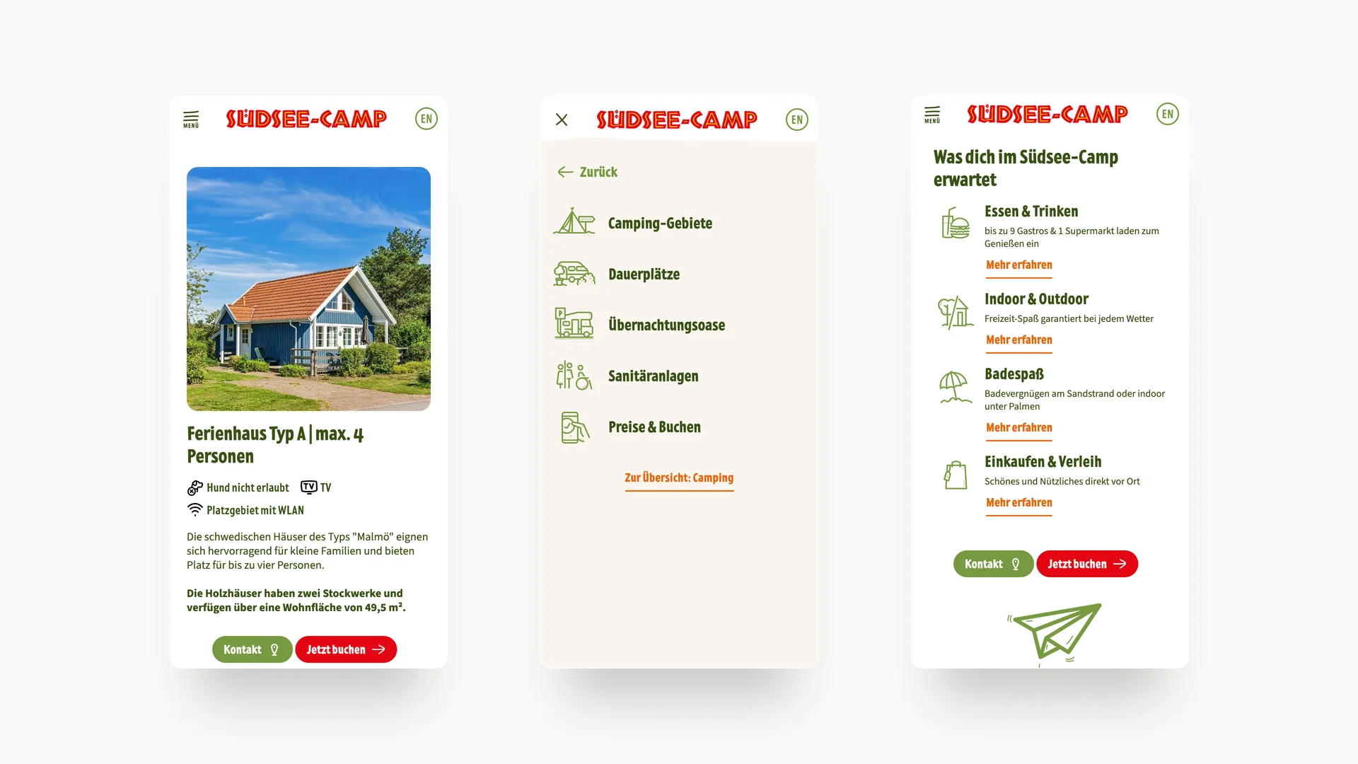 Screenshot der Südseecamp-Website mit Ferienhaus und Camp-Angeboten