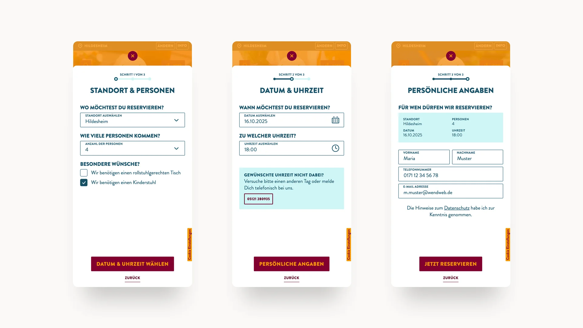 Drei Screenshots des Tischreservierungs-Prozesses auf der Cafe del Sol Website