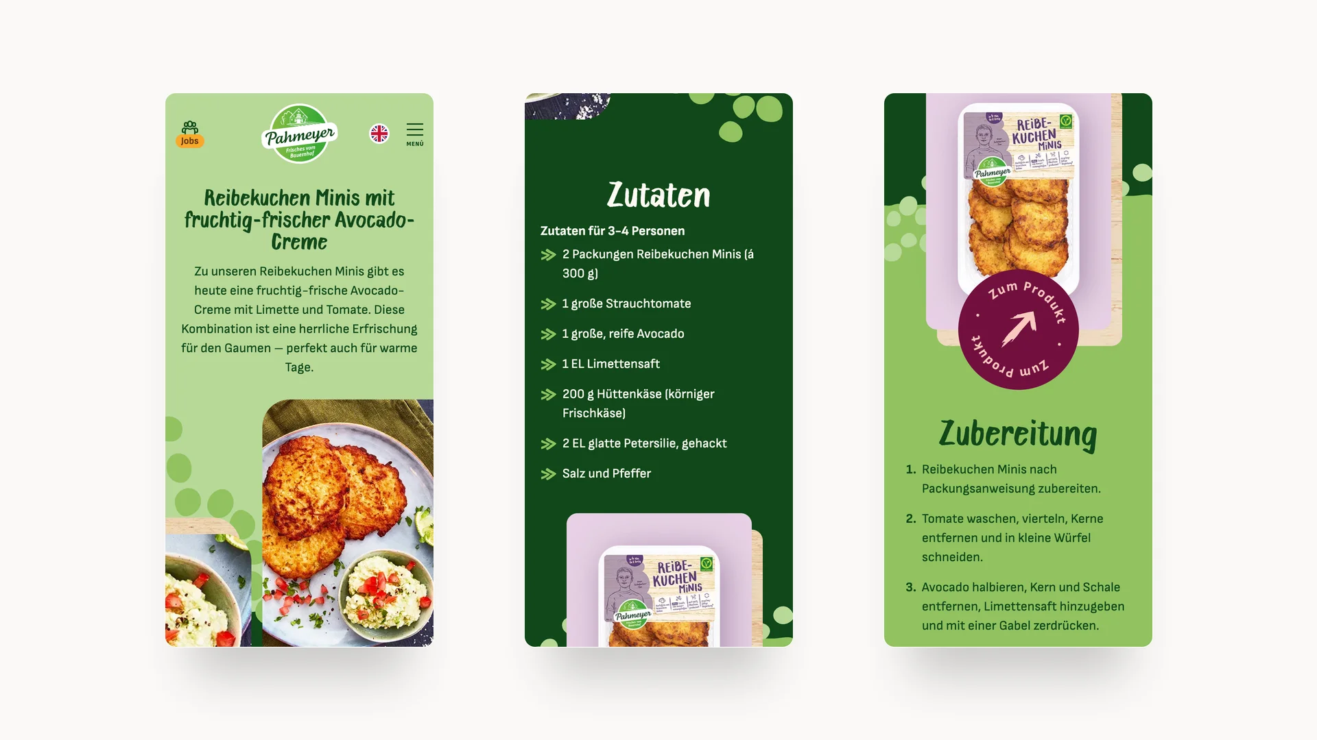 Drei Screenshots der Pahmeyer-Website zeigen Reibekuchen-Rezept, Zutatenliste und Zubereitungsschritte