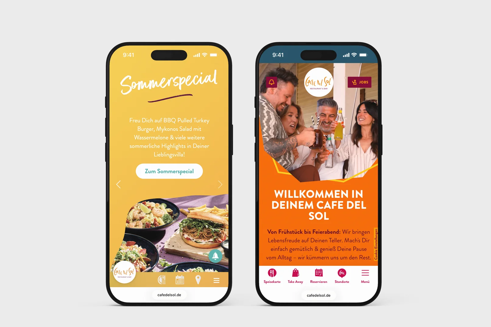 Vorher-Nachher-Vergleich der Cafe Del Sol Startseite auf Smartphones