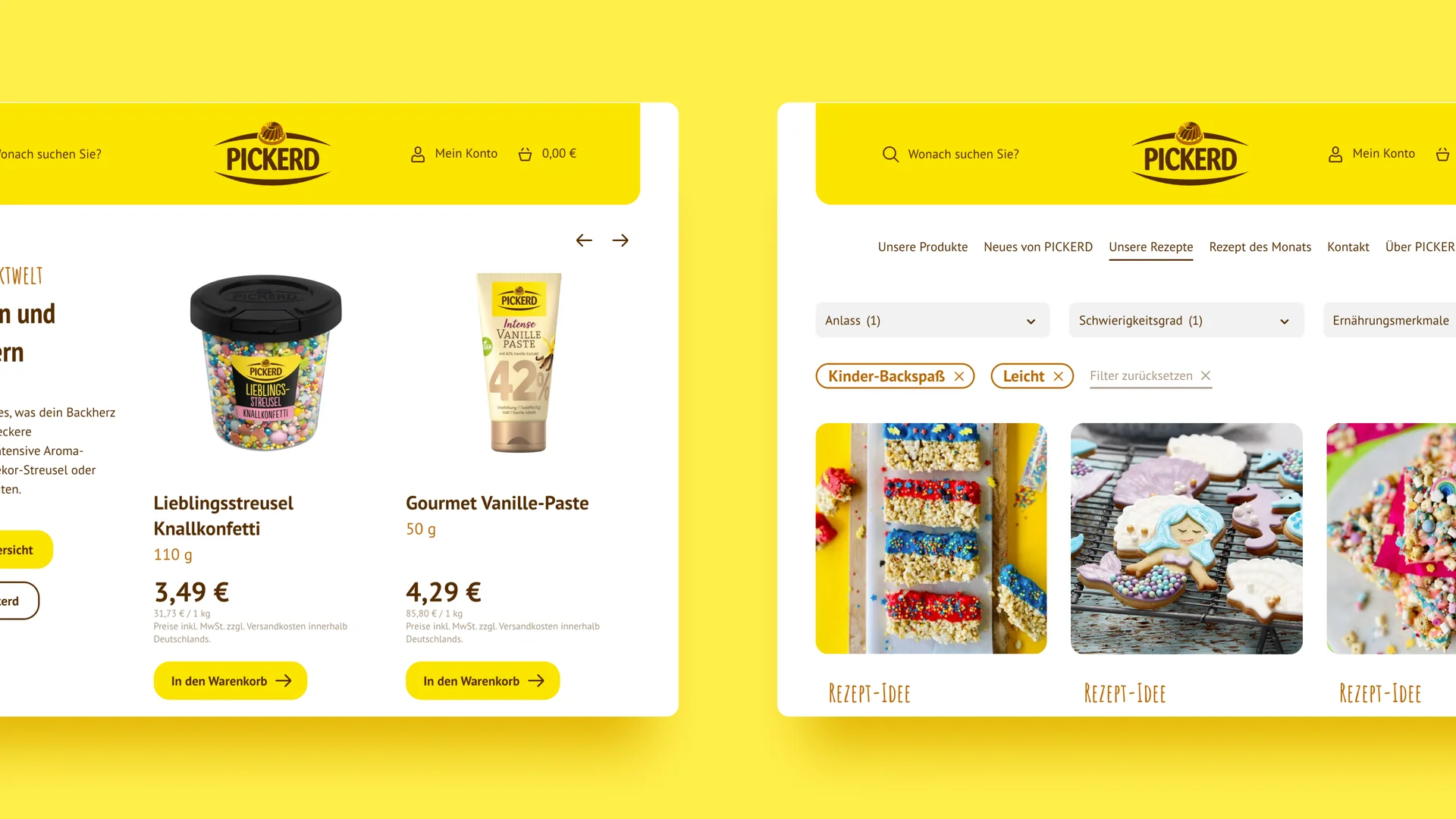 Zwei Screenshots der Pickerd-Website zeigen Angebot der Backzutaten links und Rezeptideen rechts