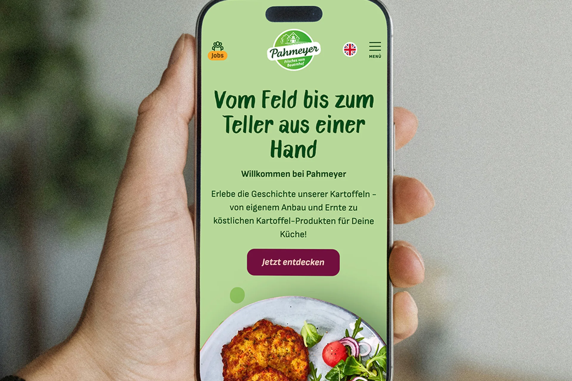 Hand hält Smartphone mit geöffneter Startseite der Pahmeyer-Website 