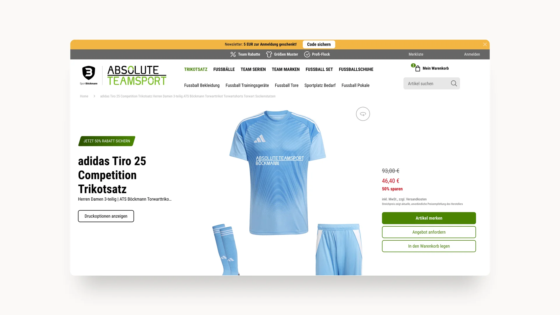 Screenshot der Sport Böckmann-Website von einer Produktseite eines blauen adidas Trikots