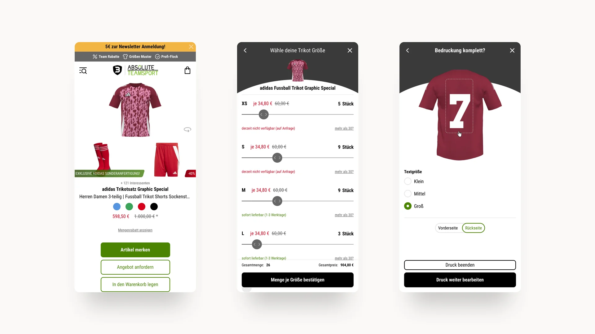Drei Screenshots der Sport Böckmann-Website nebeneinander mit adidas Trikotsatz, Größenauswahl und Logobedruckung