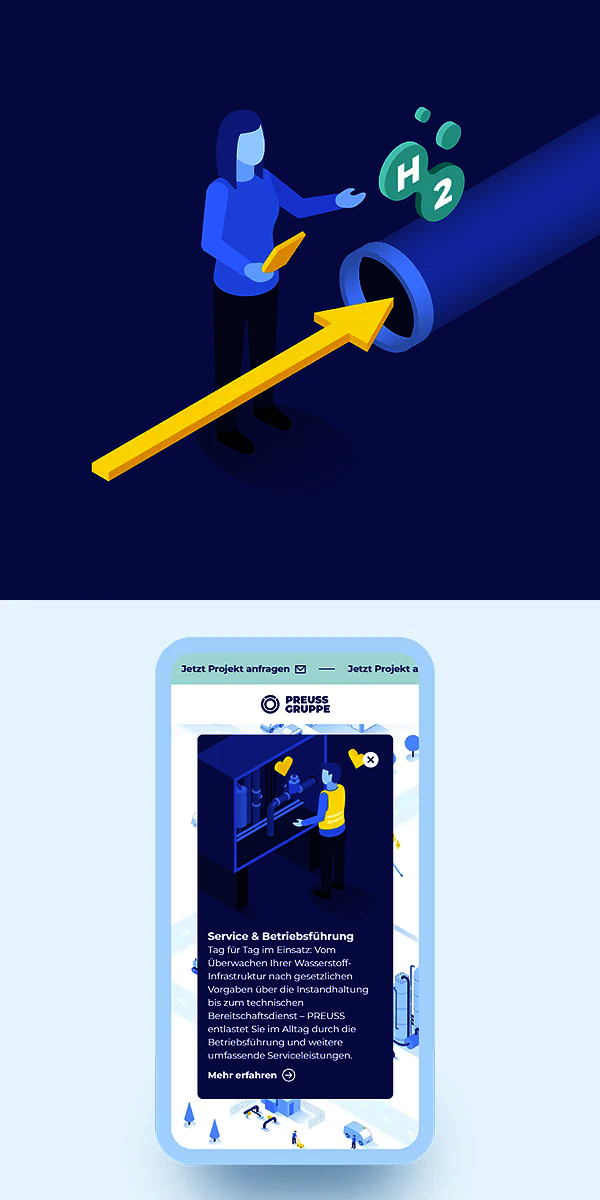 Smartphone Screenshot der Wasserstoff-Landingpage mit individuellen Illustrationen für die PREUSS Gruppe.