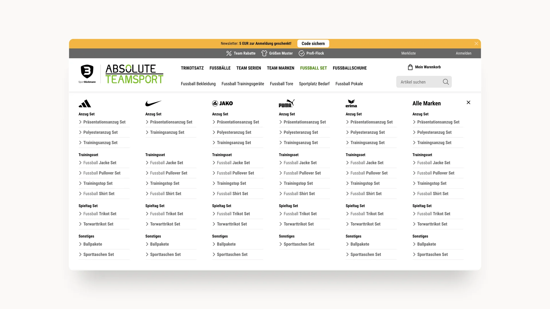 Screenshot der Sport Böckmann-Website mit Übersicht der angebotenen Marken für Fußball-Sets