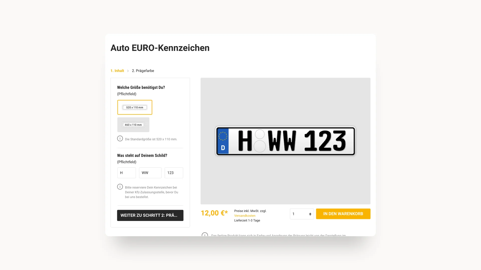 Screenshot des Funschilder.de Onlineshops zeigt die Konfigurationsmaske für Auto-Kennzeichen