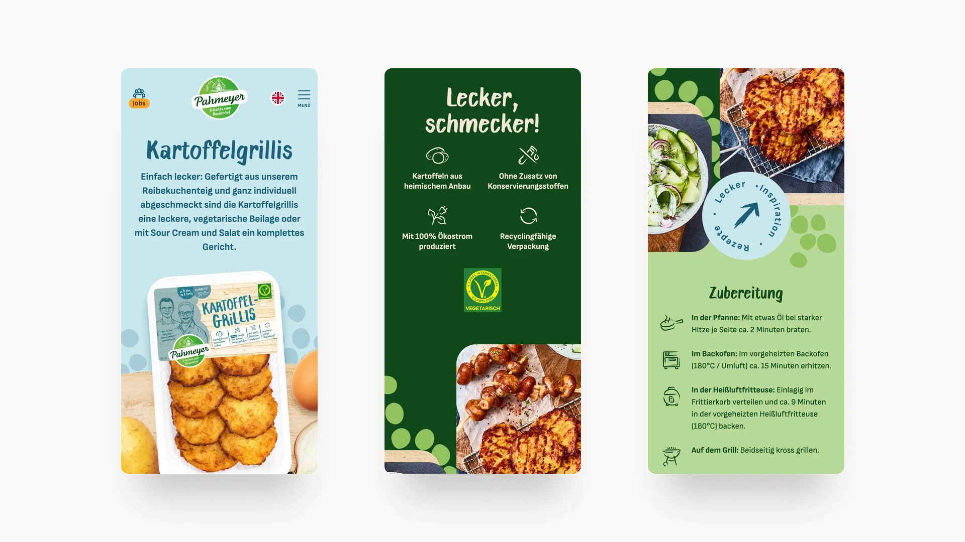 Drei Screenshots der Pahmeyer-Website zeigen Reibekuchen-Produkt, Produkteigenschaften und Zubereitungshinweise