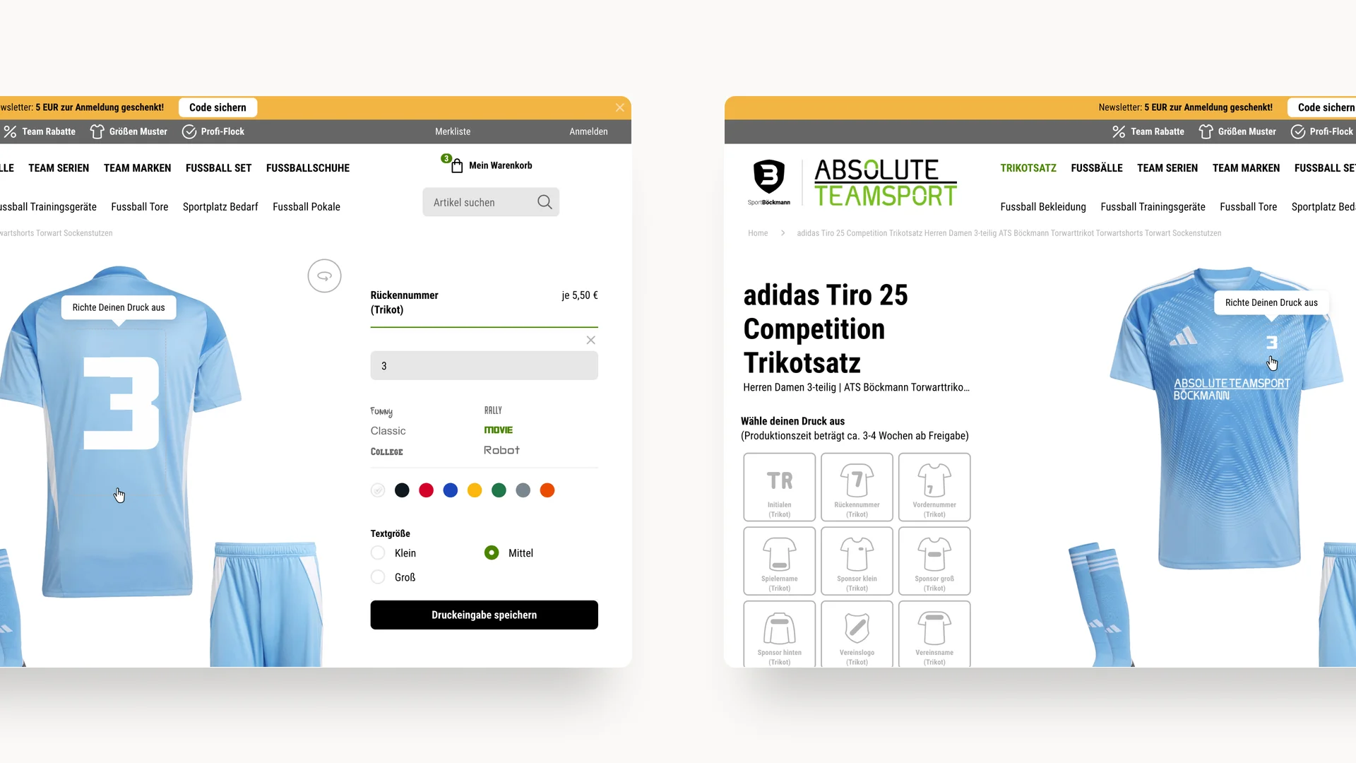 Zwei Screenshots der Sport Böckmann-Website mit adidas Trikot-Druckmöglichkeiten für Vorder- und Rückseite