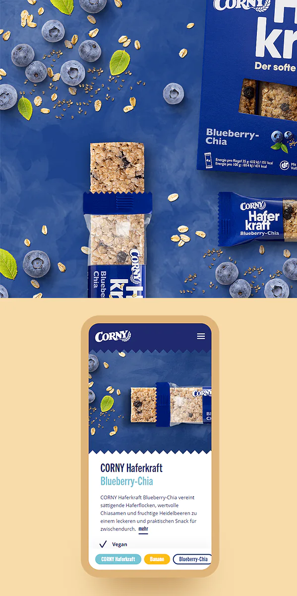 Individuelle Produkt-Composings für Corny Haferkraft Blueberry-Chia.
