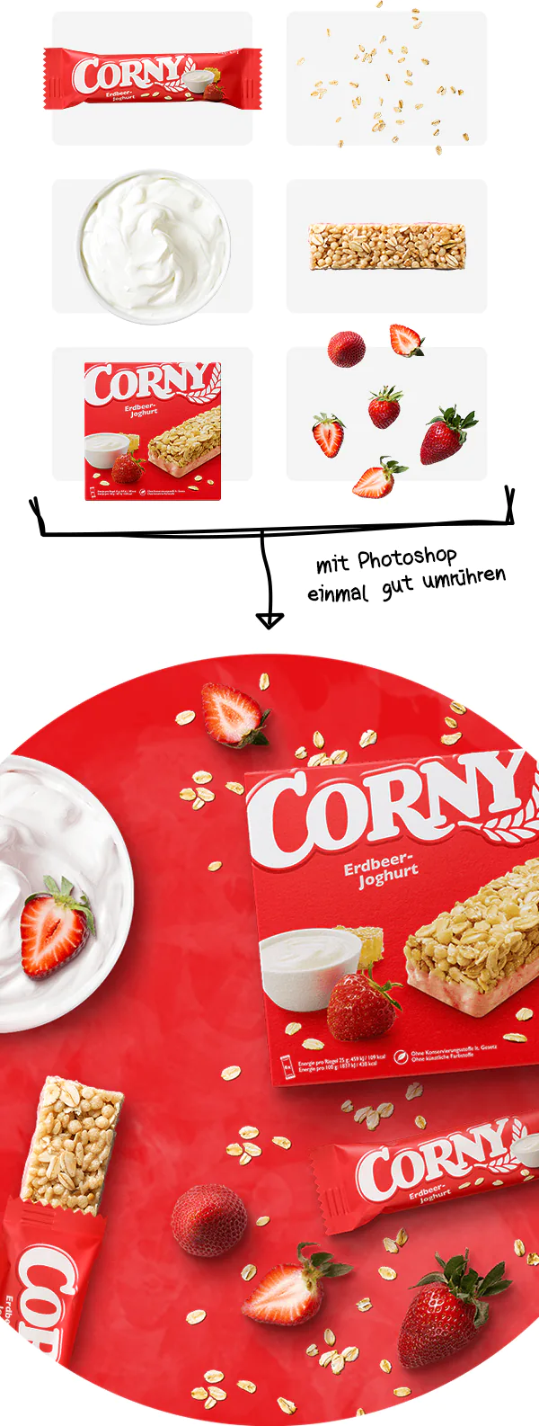 Einblick in die Erstellung der individuellen Produkt-Composings für Corny Erdbeer-Joghurt.