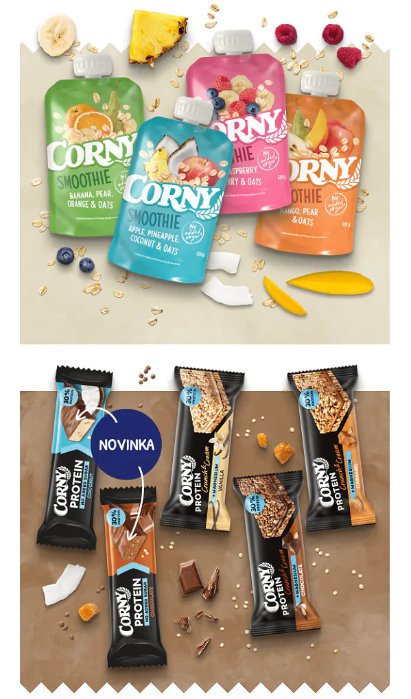 Übersicht verschiedener internationaler Corny Produkte.