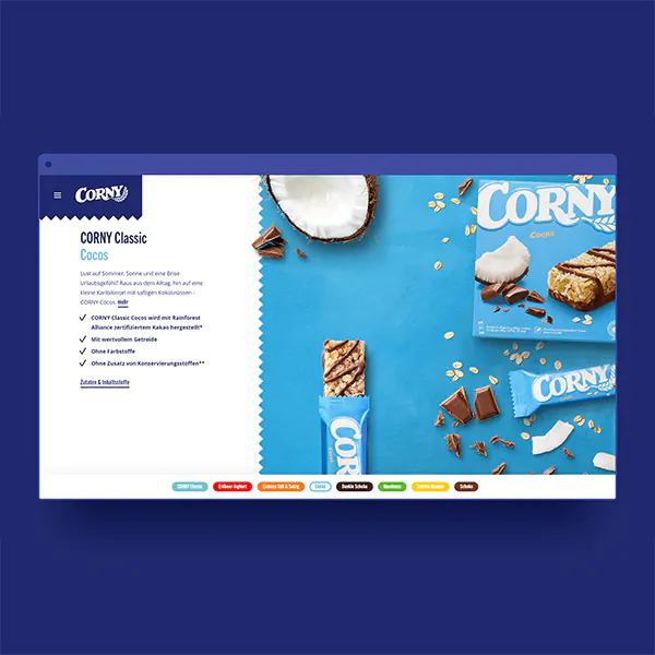Desktop Bildschirmaufnahme der Corny Classic Produktseiten.