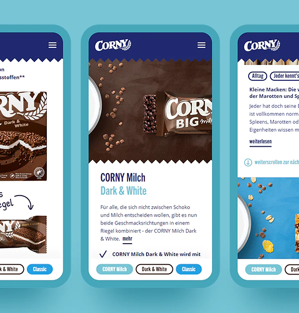 Smartphone Screenshot der Corny Milch Produktseite.