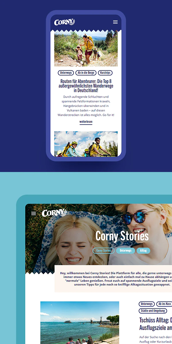 Smartphone und Tablet Screenshots der Corny Stories Seiten.