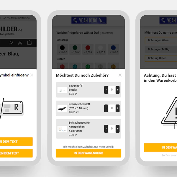 Smartphone Screenshots der unterschiedlichen Konfigurationsschritte des Funschilder-Produktkonfigurators.