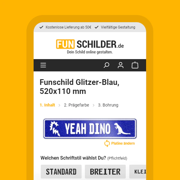 Smartphone Screenshot des Shopware 6 Onlineshops mit integriertem Produktkonfigurator für Funschilder.