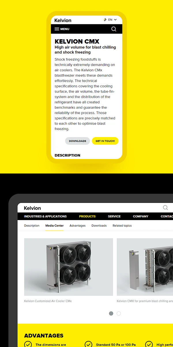 Smartphone und Tablet Screenshots der Kelvion Produktseiten.