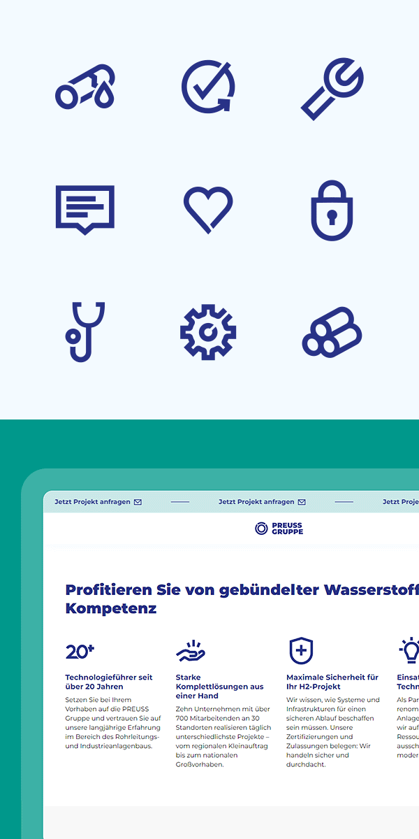 Individuell entwickelte Icons für den Landingpage-Baukasten der PREUSS Gruppe.