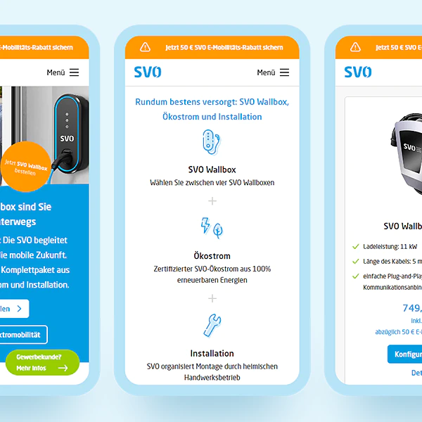 Smartphone Screenshot der unterschiedlichen Inhalte auf der SVO E-Mobilität Microsite.